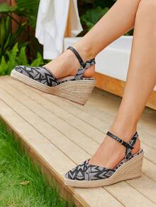 Styleloop Giày sandal đế dày dệt đế xuồng cho nữ, phong cách Bohemian cho kỳ nghỉ - Màu xám đen - Xem 3