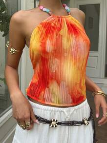 SHEIN EZwear Floral Printed Tie Backless Women Casual Halter Top ,Beaded Top, Summer, Vacations Woman, Raves, Beach For Women - Multicolor - View 5