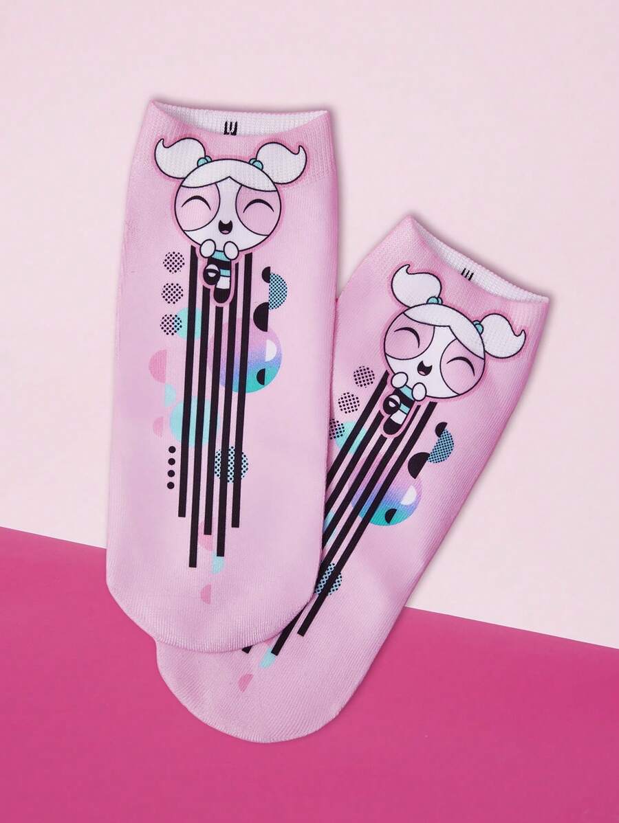 THE POWERPUFF GIRLS X SHEIN 1双时尚粉色卡通图案踝袜 - 彩色 - 查看 1