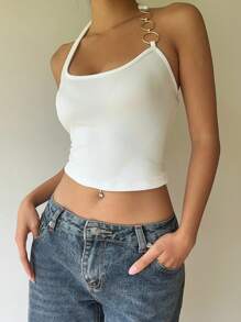 Aloruh 1 件女式白色无袖露背吊带夏季背心，带链条装饰 - 白色 - 查看 5