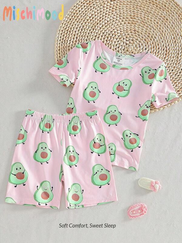 Young Girl' Casual Avocado Print Short Sleeve T-Shirt And Shorts 2 Pieces Pajama Set, Summer