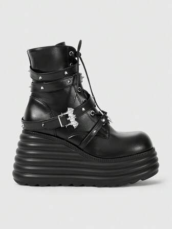Grunge Punk Damen einfache Keilabsatz Plateau Retro Lässig Knöchelstiefel und Kurzstiefel