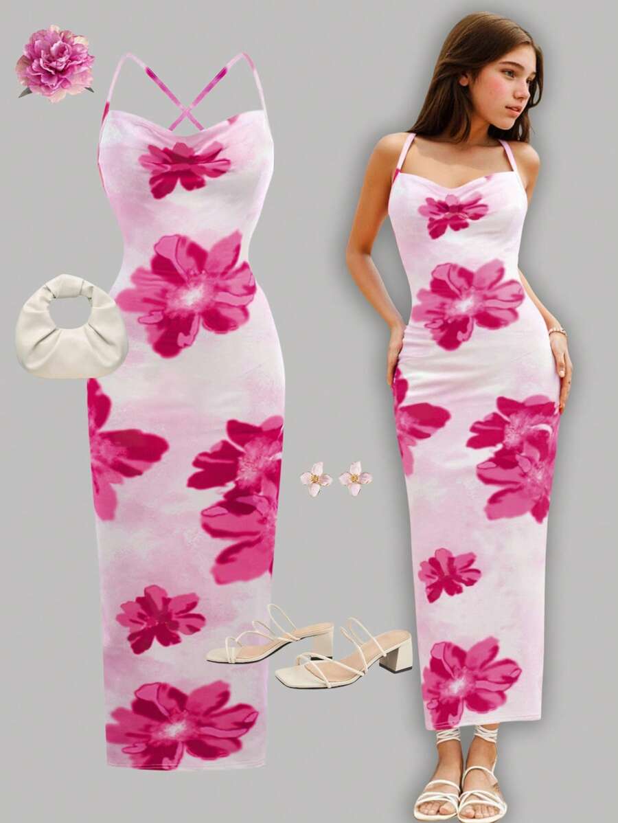 Girlism Teen Girl Casual Vacation Large Floral Print Draped Neck Backless Spaghetti Strap Hawaiian Dress Flower Dress