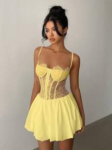 Aloruh Women Contrast Lace Ruffle Hem Sexy Cami Mini Dress,Club Outfits Women Sexy - Yellow - View 3
