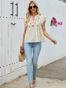 Breezaya Women's Floral Print Ruffle Hem Short Sleeve Shirt, Summer - Apricot - View 6