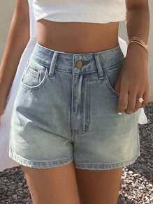 DAZY 女士宽松休闲破洞牛仔短裤 - 藍色 - 查看 2