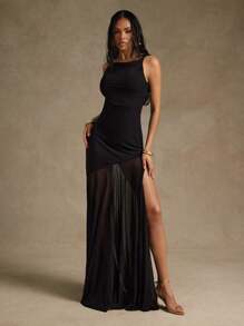 Hauture Women's Sexy Casual Twisted Shoulder With Side Slit See Through Hem Low Back Mesh Dress - Black - View 3