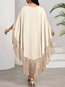 SHEIN Lady Váy dài vừa phải tua rua dệt màu trơn cho ngày lễ của phụ nữ bằng vải satin Váy sinh nhật & sự kiện / Váy công sở / Váy nhà thờ / Váy cưới / Váy ngày lễ, Váy cho phụ nữ mùa hè, Váy tua rua - Màu be - Xem 2