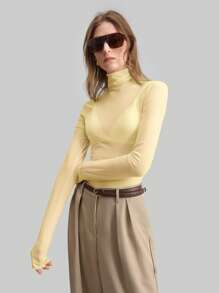 Ontre 斯德哥尔摩风格教师秋季高领针织上衣，优雅秋冬，网眼长袖上衣，商务休闲基本款上衣