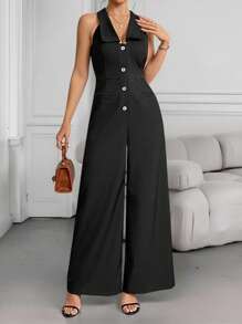INAWLY Women's Elegant Solid Color Wide Leg Jumpsuit, Summer - Black - View 4