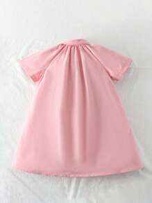 SHEIN 女童翻领前纽扣装饰可爱花卉印花褶皱下摆短袖连衣裙，夏季