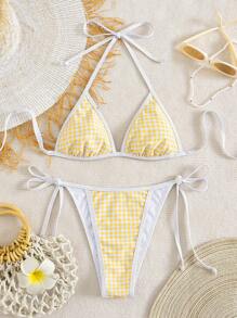 Swim Mod 2pcs Women Summer Floral Decor Contrast Color Halter Swimsuit Top And Drawstring Side Swim Bottoms, Vacation Swimwear Set