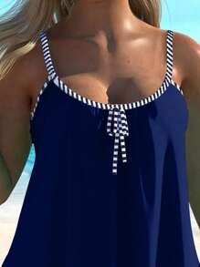 Swim Lushoire Women Patchwork Striped Tankini Swimsuit Set For Summer Beach Vacation - Navy Blue - View 4