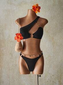 SHEIN ICON Women Black Tropical Beach Summer Beach Solid Color Ring Linked Bikini Bottom - Black - View 5