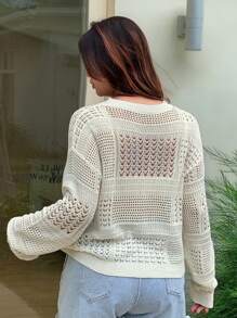 Dazy Plus Sheer Hollow Out Round Neck Long Sleeve Cover Up Cover Up For Women,Spring/Summer Vacation - White - View 2