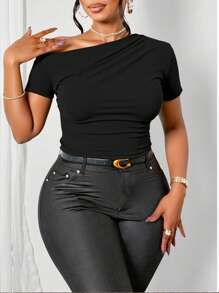 INAWLY Women Plus Size Summer Casual Solid Color Asymmetrical Neck Short Sleeve Fitted Blouse