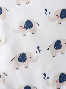 SHEIN Playful Pals 2 件白色和蓝色可爱大象印花新生儿长袖全长连体睡衣，简约时尚 - 卡其色 - 查看 3