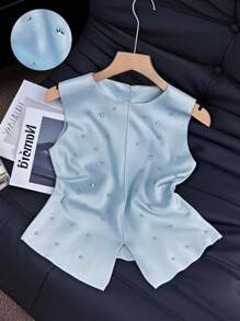 SHEIN Clasi Women's Sleeveless Solid Color Rhinestone Decor Elegant Blouse - Blue - View 1