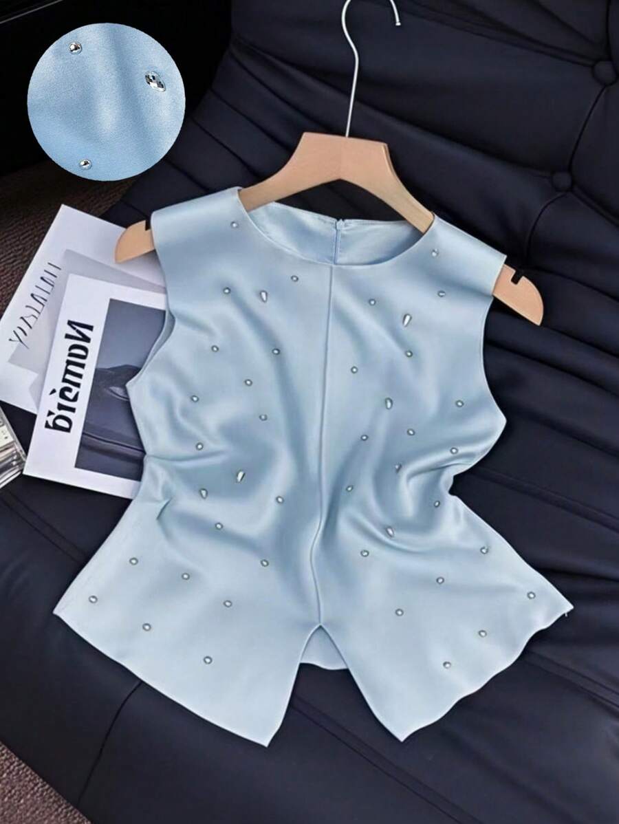 SHEIN Clasi Women's Sleeveless Solid Color Rhinestone Decor Elegant Blouse - Blue - View 1