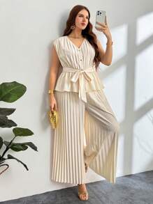 Firerie Plus Size Women 2 Pieces Set Solid Color Pleated Button Shirt And Wide Leg Pants For Summer