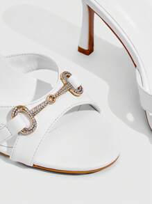CUCCOO SZL Women's White PU Leather Gold Rhinestone Decor Fashion Evening Mules Sandals, 8.8CM High Heel, Round Toe - White - View 4