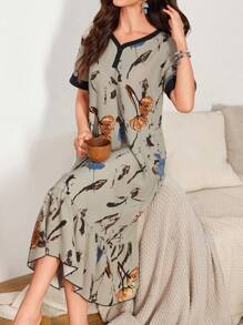 SHEIN Green Floral Print Women's Romantic Long Nightgown, Perfect For Summer, Moo Moo - Dark Green - View 5