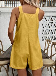 EMERY ROSE 女士纯色休闲度假风格单纽扣连体裤，夏季新年服装 - 黃色 - 查看 2