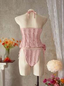 SHEIN Swim 女士纹理面料结饰前细肩带露背吊带背心和比基尼泳装，海滩度假风格 - 粉色 - 查看 3