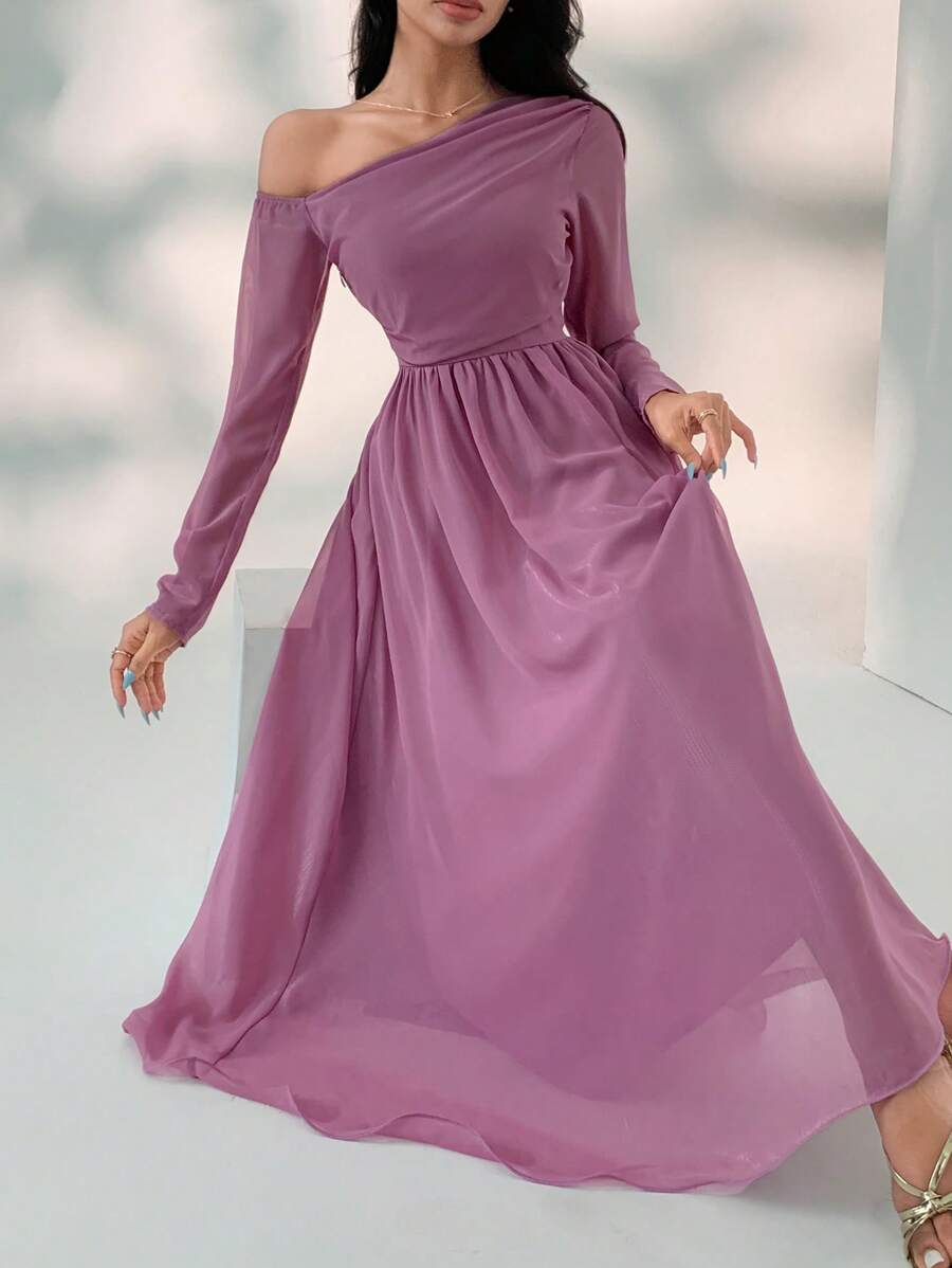 DAZY Elegant Summer Solid Color Asymmetrical Shoulder Mid-Length Dress For Women