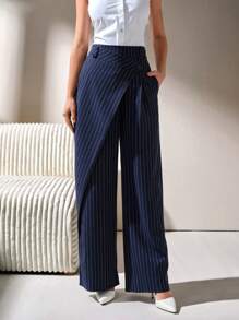 CLARA VERO Pantalones de pierna ancha con rayas azules marinas y detalles de botones para mujer