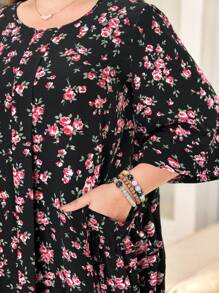 SHEIN Lacomfia Women's Loose Ruffle Pocket Ditsy Floral Casual Midi Dress, Romantic Elegant Comfortable, Suitable For Plus Size, Daily Wear