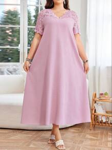 Lacomfia 大码女式夏季 V 领短袖蕾丝拼布纹理提花面料优雅休闲中长连衣裙 - 粉色 - 查看 4