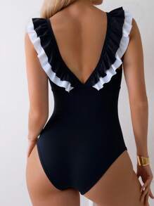 Shapewave Bộ đồ bơi liền thân gợi cảm cổ chữ V phối màu cho nữ, hoàn hảo cho kỳ nghỉ dưỡng bãi biển - Đen và trắng - Xem 2