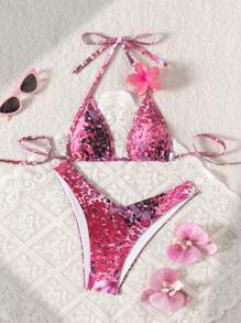 Bonvoyette Women's New Floral Print Spaghetti Strap Backless Top And Bikini Sexy Swimwear Set For Summer Beach Vacation - Multicolor - View 2