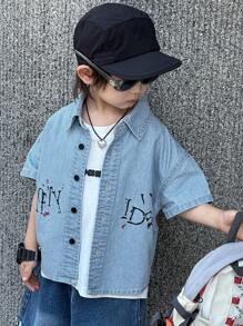 Dazy Kids Toddler Boys' Turndown Collar Printed Short Sleeve Denim Shirt