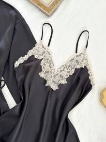 SHEIN 4pcs Set: Color Blocking Ruffled Trim Black Satin Camisole, Shorts, Skirt, And Robe - Black - View 6