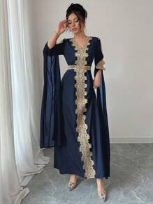 Rafferiza Patchwork Extra Long Sleeve Abaya Robe, Women Middle East Style Solid Color Lace Hem Long Dress Fall Cloth For Women - Navy Blue - View 4