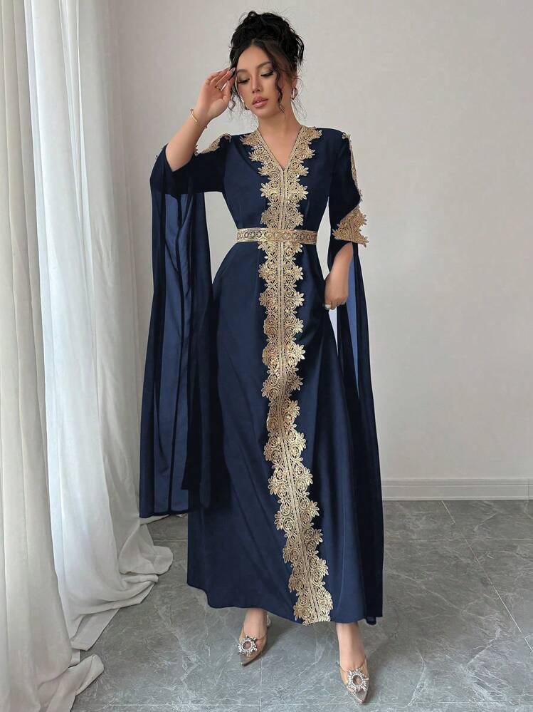 Rafferiza Patchwork Extra Long Sleeve Abaya Robe, Women Middle East Style Solid Color Lace Hem Long Dress Fall Cloth For Women - Navy Blue - View 4