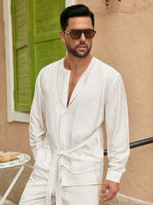 SIGLOCORE Men's Loose Design Tie-Up Long Sleeve Shirt With Layered Look, Spring/Summer Men Resort Wear - White - View 8