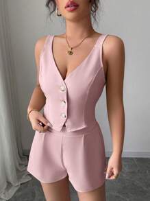 Selianne 杏色休闲/通勤简约纯色前扣开衩下摆上衣 + 短裤 2 件套女装 - 粉色 - 查看 4