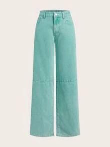SHEIN Women's Solid Color Pocketed Casual Versatile Wide Leg Jeans - Green - View 1