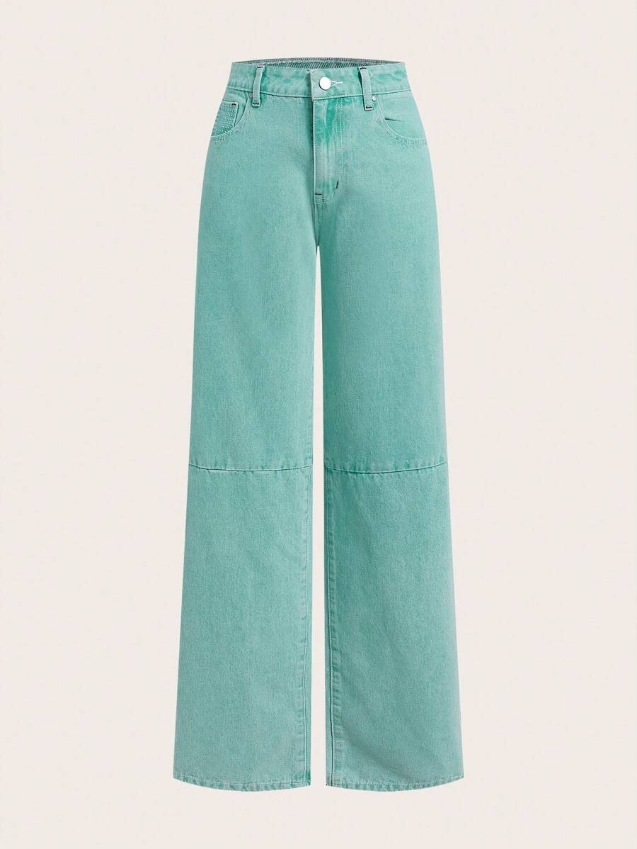 SHEIN Women's Solid Color Pocketed Casual Versatile Wide Leg Jeans - Green - View 1