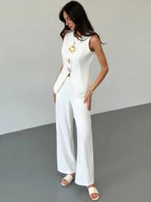 Aloruh New Sleeveless Jacket With Metal Button Decor + Straight-Leg Pants, Suitable For Spring/Summer Office And Resort Wear - White - View 4