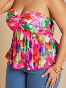 SHEIN BAE Plus Size Women Floral Print Summer Beach Resort Holiday Backless Bowknot Strap Top, Fourth Of July Women,4th Of July,4th Of July Curve, Vacation,Vacay,Club Women Sexy,Birthday,Airport,Graduation