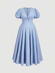 SHEIN MOD Váy dài đến bắp chân, cổ chữ V tay bồng cỡ lớn dành cho nữ, màu xanh, phù hợp cho dịp trang trọng, tiệc sinh nhật, thanh lịch, thường ngày đi làm, đi nghỉ, váy dự tiệc cưới cho nữ, váy dành cho nữ - Màu xanh nhạt - Xem 1