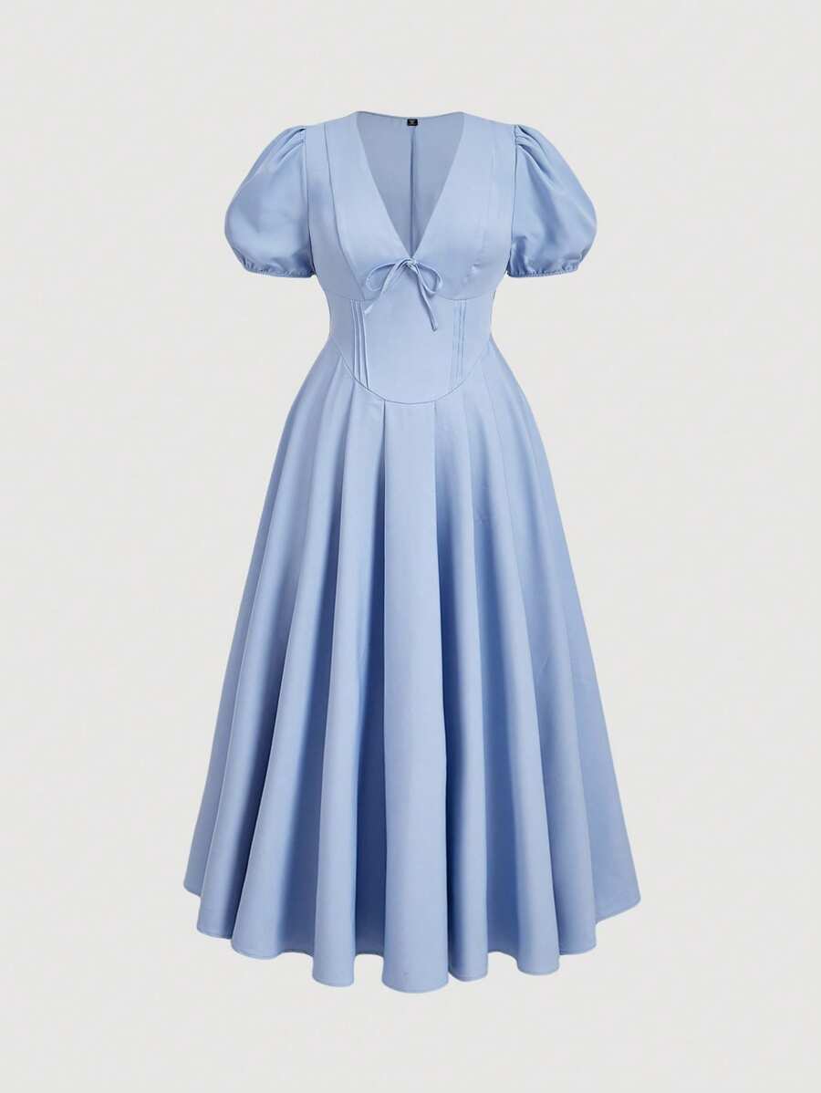 SHEIN MOD Váy dài đến bắp chân, cổ chữ V tay bồng cỡ lớn dành cho nữ, màu xanh, phù hợp cho dịp trang trọng, tiệc sinh nhật, thanh lịch, thường ngày đi làm, đi nghỉ, váy dự tiệc cưới cho nữ, váy dành cho nữ - Màu xanh nhạt - Xem 1