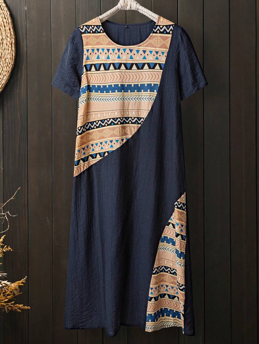 Lacomfia Vestido holgado y cómodo con estampado geométrico en patchwork multicolor