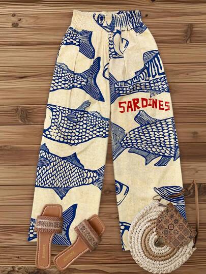 Breezaya Women's Casual Vacation Light Beige Base Large Fish Retro Print Waistband Design Wide Leg Pants, Spring/Summer Fall Cloth For Women