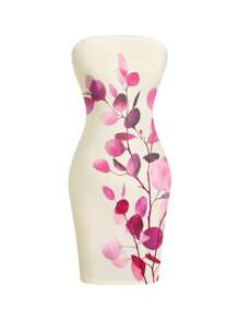 INAWLY 女士夏季度假风格植物印花修身露肩短款连衣裙