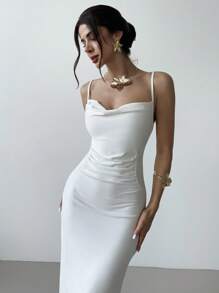 Firerie 夏季女式新款简约优雅度假派对连衣裙，时尚百搭户外旅行细肩带褶皱腰设计长裙，浅白色 - 白色 - 查看 3